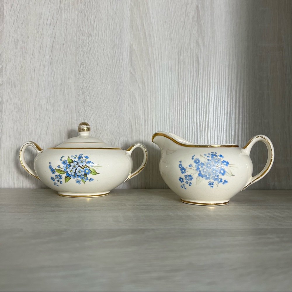 Vintage 1950s Ellgreave Sugar Bowl & Creamer Set Floral Gold